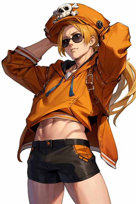 masterpiece, best quality, 1boy, solo, standing, male focus, man, blonde hair, long hair, ponytail, <lora:johnny-gg-richy-v1:1> johnny, <lora:guiltygear_may-10:1> orange hoodie, black shorts, (muscular:0.5), sunglasses, skull and crossbones, orange headwear, arms at sides,