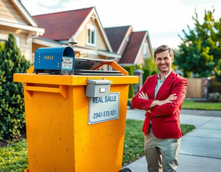 A cheerful real estate agent stands beside a whimsical dumpster, adorned with a mailbox and a doorbell. Bright colors illuminate the scene, set against a suburbian backdrop.