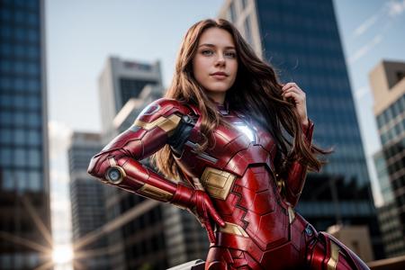 Marvel movies,from below,photo of a 18 year old girl,ironman,hands on hips,happy,looking at viewer,blue eyes,outdoor,windy,ray tracing,detail shadow,shot on Fujifilm X-T4,85mm f1.2,sharp focus,depth of field,blurry background,bokeh,motion blur,<lora:add_detail:1>,