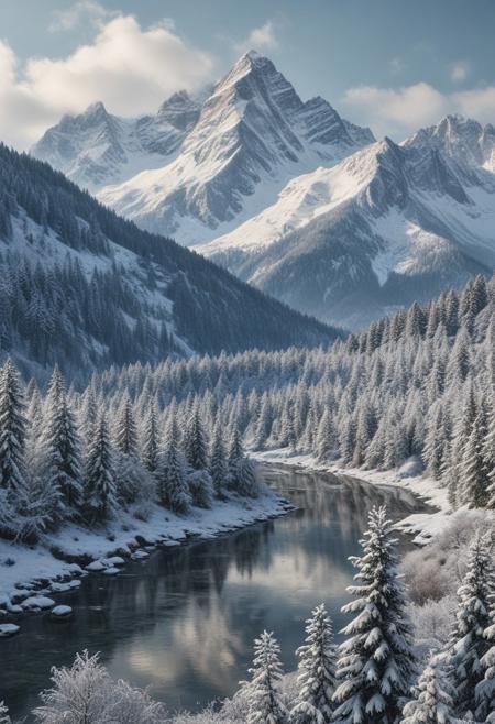 masterpiece, photorealistic, a vast wintry mountain valley, dotted with trees, tall snowcapped mountains, christmas vibes