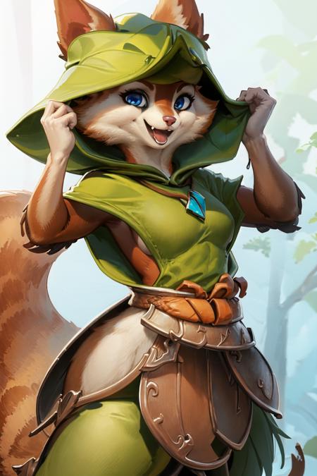 masterpiece, best quality,solo, looking at viewer, smile, open mouth, :D, blue eyes, simple background, white background, animal ears, jewelry, closed mouth, standing, tail, hood, forest, necklace, gradient, arms up, gradient background, no humans, capelet, :3, furry, ears through headwear, orange fur, breastplate, armor, <lora:Hoodwink_dota:0.8>