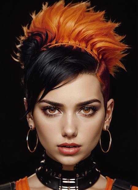 portrait of sks woman by Flora Borsi, style by Flora Borsi, bold, bright colours, orange Mohawk haircut, ((Flora Borsi)), <lora:locon_dualipa_v1_from_v1_64_32:1>