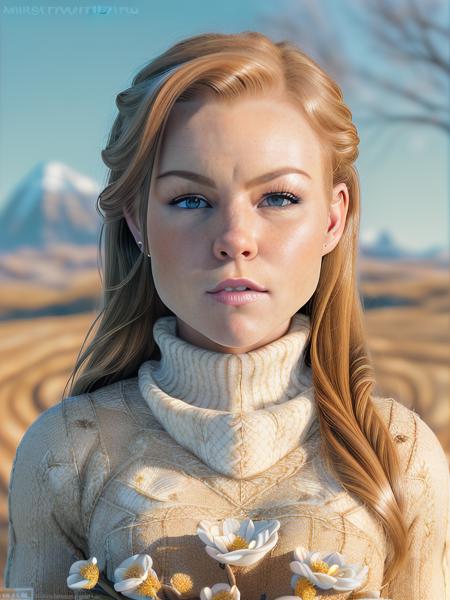 nicoleclitman, a elegant woman, on a (plowed field:1.2), wearing a (cowl-neck-sweater), (flowering-landscape), (8k, best quality, depth of field, ultra high res:1.2), (absurdres, intricate, photorealistic, masterpiece, ultra-detailed, Unreal Engine:1.3)