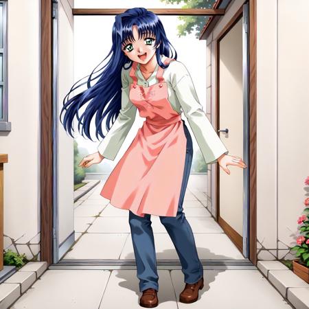 YukariIsshiki,1girl,blue hair,long hair,green eyes, white shirt,long_sleeves, jeans pants, pink apron,