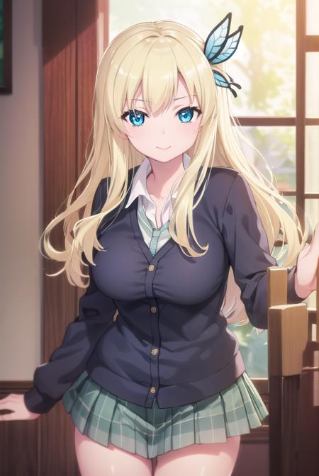 senakashiwazaki, <lora:sena kashiwazaki s2-lora-nochekaiser:1>,
sena kashiwazaki, long hair, blonde hair, hair ornament, aqua eyes, butterfly hair ornament, lips, smile,
BREAK school uniform, cardigan, st. chronica academy school uniform, skirt, green skirt, pleated skirt,
BREAK indoors, classroom,
BREAK looking at viewer, (cowboy shot:1.5),
BREAK <lyco:GoodHands-beta2:1>, (masterpiece:1.2), best quality, high resolution, unity 8k wallpaper, (illustration:0.8), (beautiful detailed eyes:1.6), extremely detailed face, perfect lighting, extremely detailed CG, (perfect hands, perfect anatomy),