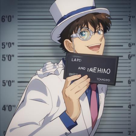 ken mugshot, holding, nameplate, holding sign, letterboxed, looking at viewer, open mouth, smile, upper body, mugshot, english text,