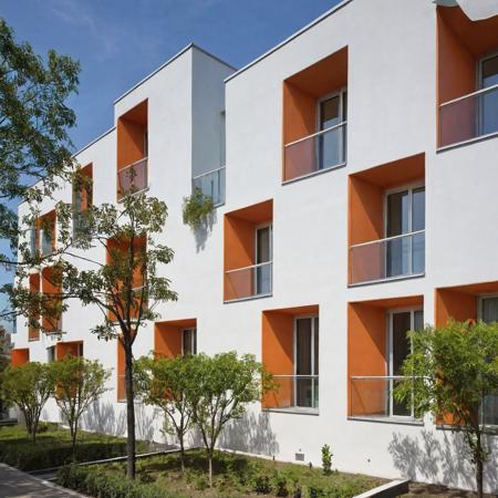 residence, a raw photo of Contemporary mid-rise residential building with a simple rectangular shape, featuring alternating orange and white facades with geometric cutouts on balconies. Glass railings add a sleek touch, while mature trees, including a tall palm, add greenery at the base. Clear daytime sky.<lora:epi_noiseoffset2:5> <lora:ModernArch_Residence_XL_V1:0.68>