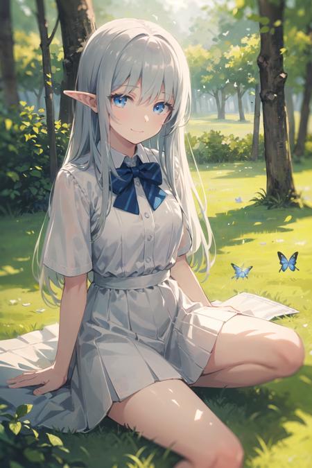 ((masterpiece)), expressionless, (((best quality))), ((illustration)), 
1girl, elf, ((solo)), (detailed face), (beautiful detailed eyes), light eyes, blue eyes, ((disheveled hair)), silver hair, full body,
smile, blank stare, sitting, ((looking to the side)), 
bow tie hair band, white transparent long skirt, noble, mysterious, 
bright background, in forest, nature, sunshines through the leaves, butterfly, river, close-up,
<lora:Masheng-000002:1>