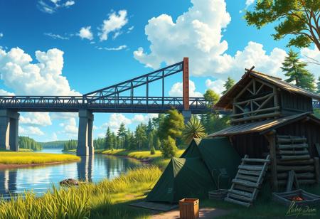 A vibrant, detailed digital painting captures a peaceful outdoor scene. A massive, industrial steel truss bridge stretches across the middle, supported by hefty concrete pillars. Below, a chill river mirrors the bright blue sky and fluffy clouds above. The riverbank is lush with tall, green grasses and trees, adding to the natural vibe.
Up front, there's a campsite with several military-style green tents, showing off a rugged outdoor life. To the right, a wooden structure, maybe a small cabin or shelter, is built with logs and has a thatched roof. Scattered around are wooden crates, camping gear, and a small fire pit, hinting at a recent campfire. The lighting is bright and sunny, casting soft shadows and making the greens pop. The camera angle is straight-on, giving a clear view of the scene, with a slight tilt upwards to show off the bridge and sky. The whole scene screams tranquility and adventure.