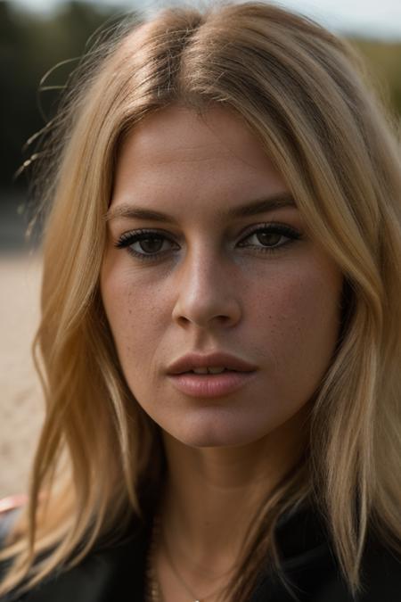 Realistic photo of a beautiful br1g1tt3-v2 woman,  1girl, solo, long hair, looking at viewer, blonde hair, black eyes, lips, portrait, close-up, freckles, realistic, soft lighting, professional Photography, Photorealistic, detailed, RAW, analog, sharp focus, 8k, HD, DSLR, high quality, Fujifilm XT3, film grain, award winning, masterpiece<lora:br1g1tt3-v2:1.0>