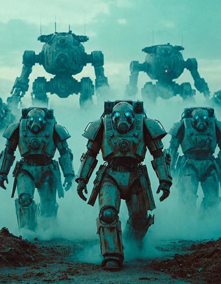 cinematic photo Surrealist art breathtaking cinematic film still ritualistic robed figures with gas masks,trudging through thick cyan fog,under towering retrofuturistic battle mech,massive steel treads and rotating cannons,oxidized metal plating,glowing red sensors,post-apocalyptic battlefield,worn beige cloaks flapping in wind,cinematic lighting with strong blue haze,textured ground with debris and ash,shot on Kodak Vision3 500T film,Canon AE-1 with 35mm f/2 lens,deep focus,ominous and mythic tone,<lora:add-detail-xl:1>,OverallDetailXL,ArsMovieStill,<lora:MJ52_v2.0:0.7>,<lora:EldritchCandids1.1.2:0.75>,<lora:EpicF4nta5yXL:0.4>,<lora:Year_3000_Movie_Stills:0.7> . shallow depth of field, vignette, highly detailed, high budget, bokeh, cinemascope, moody, epic, gorgeous, film grain, grainy . award-winning, professional, highly detailed . Dreamlike, mysterious, provocative, symbolic, intricate, detailed . 35mm photograph, film, bokeh, professional, 4k, highly detailed
