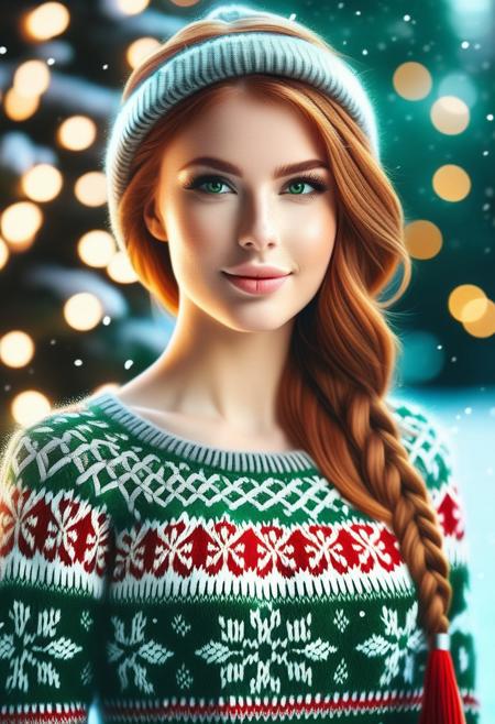 4k, high details, 1 girl, slender, narrow waist, ginger girl, ginger hair, cute face, perfect facebraids hairstyle, beautiful, green eyes, perfect eyes, detail eyes, mid body shot, medium breasts, wearing a xmas sweater, with few lights, decorated, fun, in a Xmas winter park, close to custom tree of Xmas, much Xmas lights, night