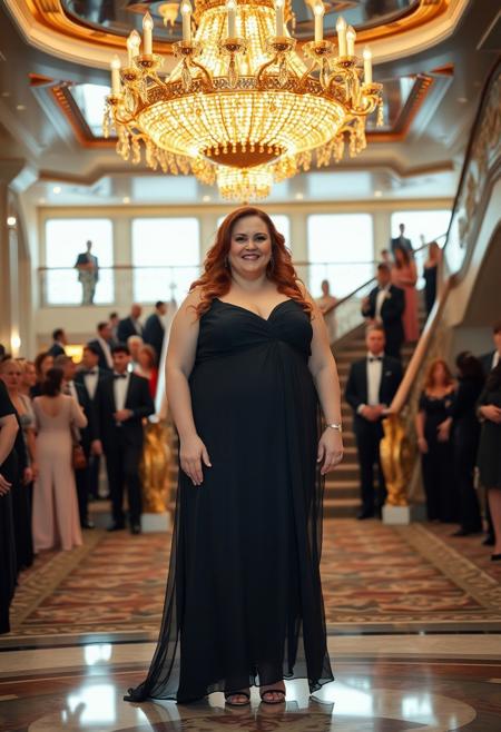 A raw, candid, ultra realistic photographic still of an overweight 41 year old English woman. She has long auburn hair done in pinned curls style. She is wearing makeup and is standing happily under an expensive looking chandelier, by a grand staircase on a first class cruise ship. She is wearing a stylish dark coloured chiffon gown that fits her perfectly and a pair of heels. The background is highly detailed with multiple people, all in different formal wear.