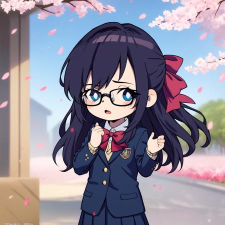 chibi,
1girl,solo,long hair,glasses,cherry blossoms,black hair,ribbon,bow,looking at viewer,jacket,blue eyes,upper body,hair ribbon,flower,school uniform,petals,blazer,shirt,bangs,outdoors,bowtie,long sleeves,hands up,tree,blue bow,parted lips,open mouth,white jacket,