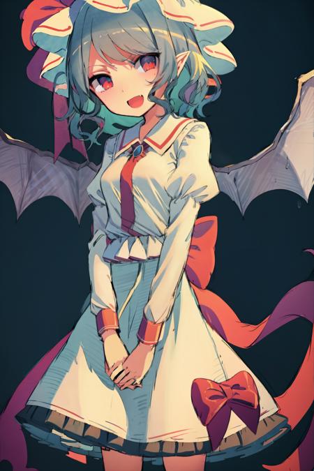 masterpiece, best quality,  <lora:remilia:1>, <lora:style02:1>,1girl, solo, hat, ribbon, thighhighs, skirt, remilia scarlet, wings, red ribbon, blue hair, long sleeves, pink skirt, simple background, open mouth, mob cap, red eyes, puffy sleeves, black thighhighs, neck ribbon, juliet sleeves, bat wings, pointy ears, looking at viewer, short hair, frills, grey background, shirt, hat ribbon, smile, white shirt, zettai ryouiki, blush, white headwear, fang, head tilt, small breasts, sketch, breasts, :d, cowboy shot, standing, bangs, own hands together, center frills, v arms, frilled skirt, alternate costume, petticoat