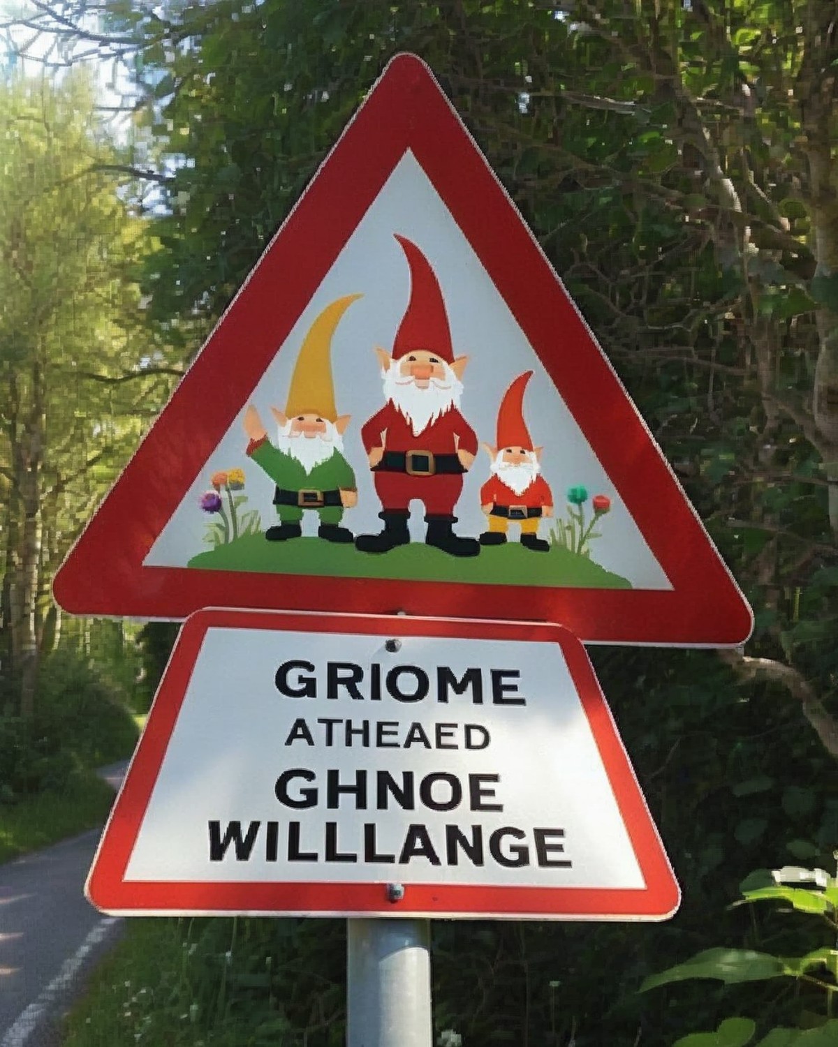 a photo of a road sign , Gnome Village Ahead:1.5, a sign pointing the way to a "Gnome Village," complete with little beard...