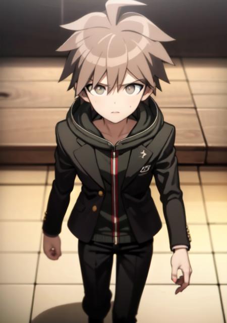 masterpiece, best quality, 1boy, black jacket, hood, ahoge, short hair, brown hair, black pants, <lora:MakonaeA-06:0.55>