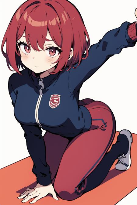 <lora:simple_anime_v1:3>, <lora:detail_slider_v4:1.5>, 1girl, short hair, red hair, tracksuit, kneeling, yoga mat, medium breasts