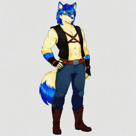 solo, blue eyes, gloves, 1boy, animal ears, blue hair, tail, full body, male focus, boots, belt, fingerless gloves, vest, handsome pose, wolf face, fox ears, muscular, fox tail, abs, furry, furry male, character sheet, ref sheet