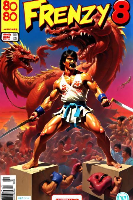 box_art_frenzy, 1980s Nintendo box cover art, two martial artists fighting, dragons, collage, character portraits, insane detail, armies, day glow, epic, majestic landscape, karate video game, double dragon, beat em up