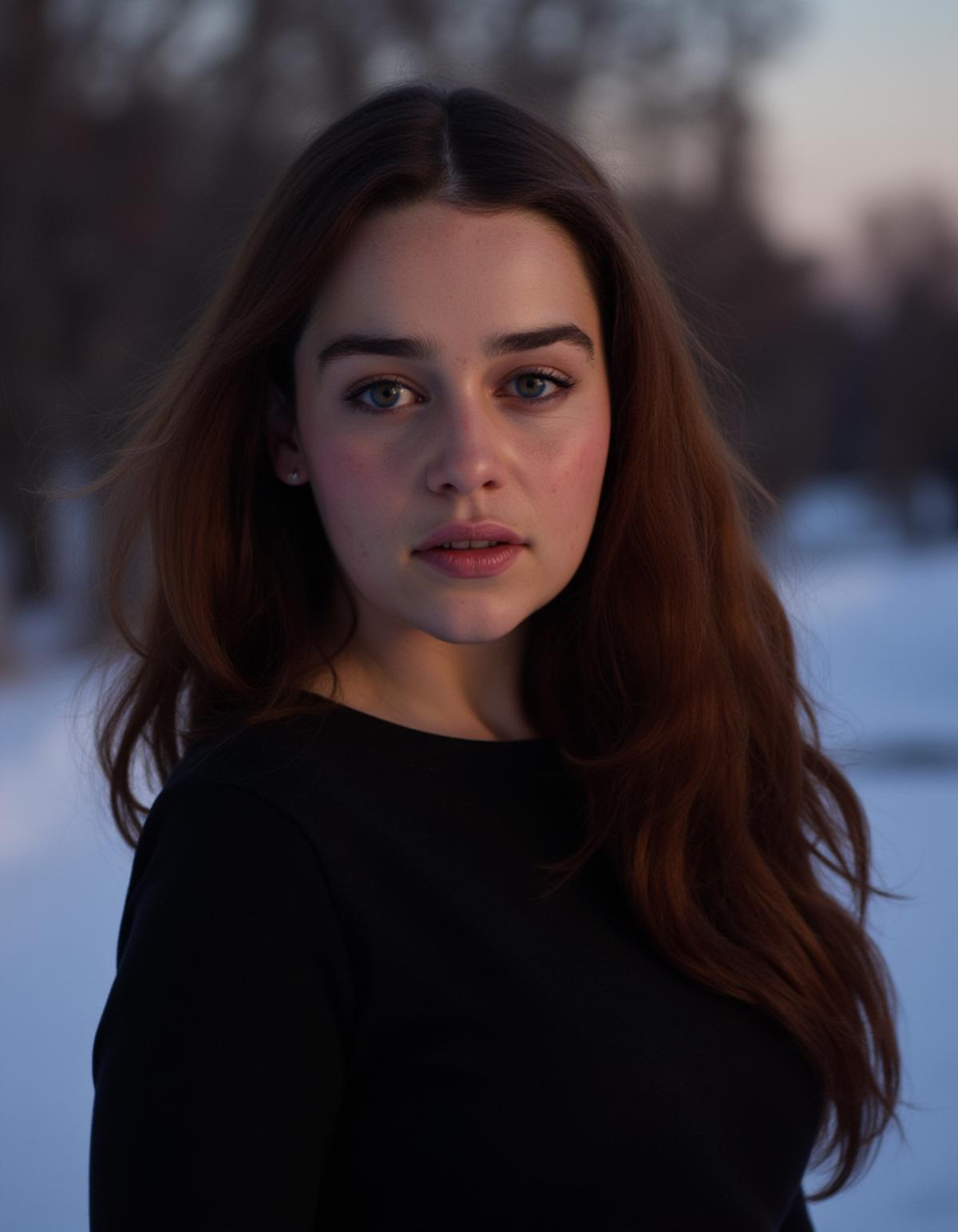 Instagram photo of emxclarke with freckles on her face in the winter outdoors silhouette illumination of her hair. Taken with a ProPhoto iPhone camera.       <lora:Emilia_clarke_and_daenerys_FLUX_epoch_49:1>