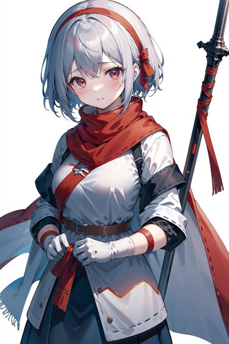 (best quality),((masterpiece)),(highres),original,extremely detailed 8K wallpaper,(an extremely delicate and beautiful),
anime,
\\,
1girl,solo,female focus,bandages,weapon,holding,scarf,white background,red scarf,simple background,bandaged arm,gloves,teeth,shirt,headband,holding weapon,