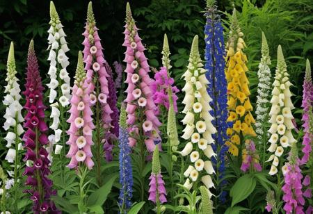 no humans, flowers, leaves, digitalis, digitalis purpurea, outdoors, garden, flowers, foxgloves, delphiniums, pink flowers, purple flowers, white flowers, yellow flowers, spotted flowers, tall flowers, greenery, foliage, nature, blooming, vibrant, colorful, floral, botanical, wildflowers, mixed flowers, daylight, soft light, romantic, goblin_core,