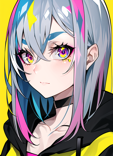 lam \(ramdayo\), 1girl, black choker, blue eyes, blue hair, choker, covered mouth, eyebrows hidden by hair, grey hair, hair between eyes, hood, hood down, liquid hair, looking at viewer, multicolored eyes, multicolored hair, pink eyes, pink hair, portrait, simple background, solo, yellow background, ((masterpiece)) <lora:lam__ramdayo__offset:1>