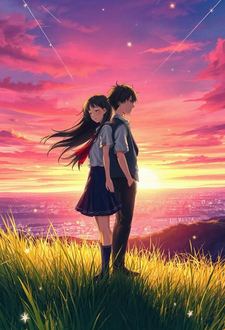 Vertical 9:16 cinematic anime scene, ultra-detailed 4K, soft cel-shading with watercolor textures. Two high school students standing back-to-back on a grassy hill during a vibrant sunset.
– Girl: long black hair flowing gently in the wind, wearing a white short-sleeved blouse, red ribbon tie, pleated navy skirt, and knee-high socks; eyes closed, expression calm but emotional.
– Boy: tousled dark brown hair, school blazer draped over shoulder, white shirt slightly wrinkled, black trousers; looking to the horizon with a wistful gaze.
Tall grass swaying, glowing city lights far below, streaks of shooting stars in a dreamy pink-orange sky, subtle lens flare, fireflies around them, deep sense of emotion and distance.
Inspired by Makoto Shinkai, CoMix Wave Films, "Your Name", "Weathering With You".