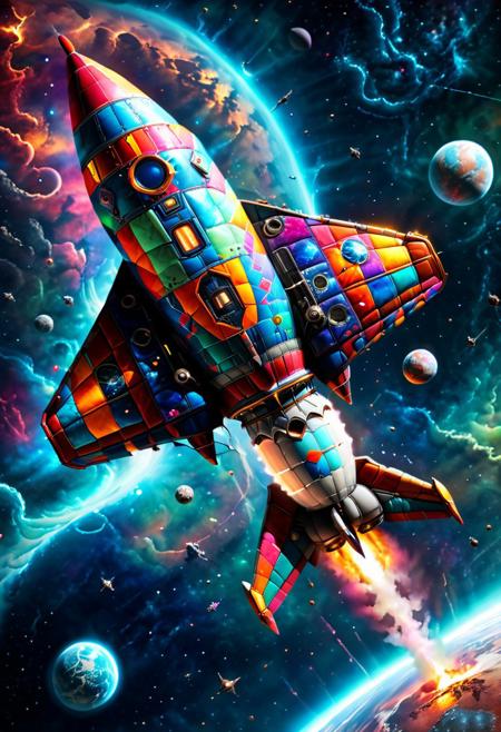 ptchkrawk rocket spaceship flying in outer space, detailed, neon light, exoplanets, nebulae, cinematic lighting, rim light, vibrant colors, fantastic atmosphere,