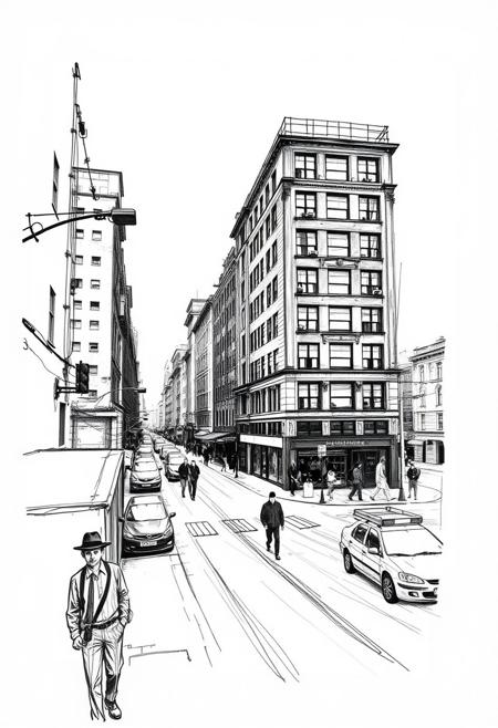 Hand-drawn sketch, classic black and white. Humanist photography, black and white imagery, urban landscapes, timeless and elegant style, rough lines, textured pencil strokes, white background, mid-20th-century aesthetic.