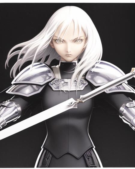 <lora:Claymore-r8:1>
(upper body)
(solo)
(1girl)(facing viewer)(on battlefield)
(medium white hair)
((black leotard)(black armored skirt)(white cape)(silver (pauldrons+gauntlets+greaves)))