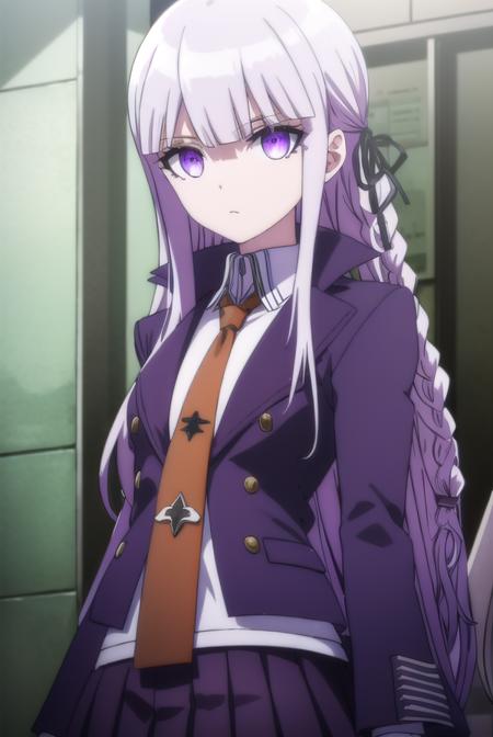 kyokokirigiri, <lora:kyouko kirigiri s1-lora-nochekaiser:1>,
kyouko kirigiri, long hair, bangs, ribbon, (purple eyes:1.1), hair ribbon, purple hair, braid, single braid, side braid,
BREAK skirt, shirt, gloves, long sleeves, jacket, white shirt, pleated skirt, open clothes, necktie, collared shirt, black skirt, open jacket, black jacket, black ribbon, brown necktie,
BREAK outdoors, classroom,
BREAK looking at viewer, (cowboy shot:1.5),
BREAK <lyco:GoodHands-beta2:1>, (masterpiece:1.2), best quality, high resolution, unity 8k wallpaper, (illustration:0.8), (beautiful detailed eyes:1.6), extremely detailed face, perfect lighting, extremely detailed CG, (perfect hands, perfect anatomy),