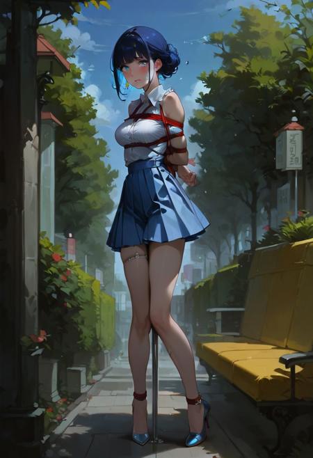 score_9, score_8_up, score_8, 
1girl, solo, beautiful girl, 24yo, (lean body, medium breasts), (long blue hair),
((standing:1.3), legs apart, tiptoes, arms tied behind back),
((thick pole between legs), (standing over pole), vaginal insertion:1.3),
BREAK,
(looking at viewer, pleading expression, tears), 
(miniskirt, fully clothed, high heels:1.1), public park, benches