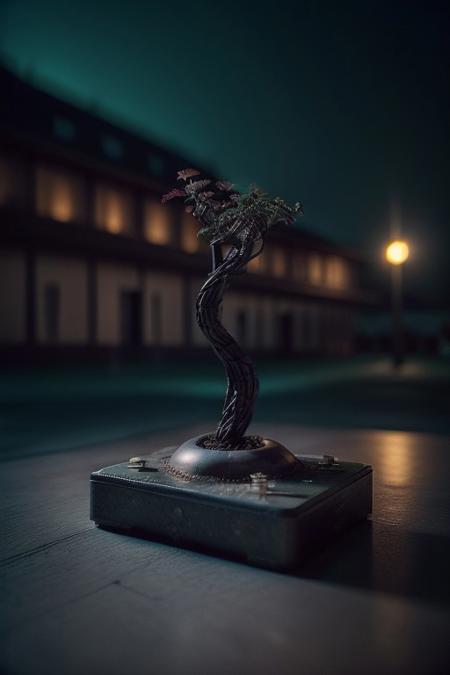 Generate a surreal image of an abstract and mechanical garden, where metallic flowers adorned with gears serve as petals and robotic vines climb imaginary structures. stempunk,
Ultra High Definition, Impeccable Detail, Premier Quality, Best-in-class, (Photorealistic), (Lifelike), Top quality, score_9, score_8_up, score_7_up, score_6_up, score_5_up, score_4_up,  perfect shadows, perfect lighting, night, backlighting, Cinematic, dark moody lighting, film grain, mysterious atmosphere, storytelling,