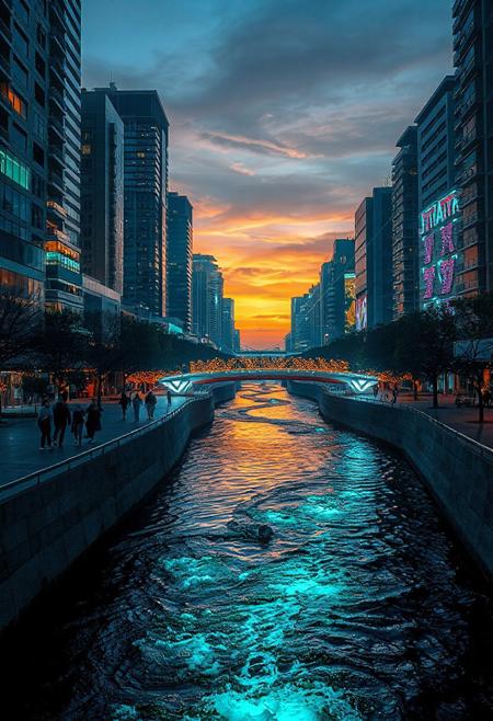 JNANX,luminous white silhouette,cyan glow,emerald highlights,flickering outline,dreamlike movement,rippling colors,drifting embers,infinite black background,psychedelic colors,ethereal,futuristic surrealism,gw,glowing,night,night sky,trippy,
"A vibrant urban evening scene at dusk, featuring a shallow, winding waterway flowing through a modern city center. Pedestrians stroll along illuminated walkways beside the water, some dipping their feet in the stream. Tall, contemporary buildings with glowing lights line both sides of the waterway, reflecting in the gentle currents. A pedestrian bridge decorated with warm lights crosses over the water in the middle ground, leading towards a colorful sky with hues of orange, yellow, and grey."