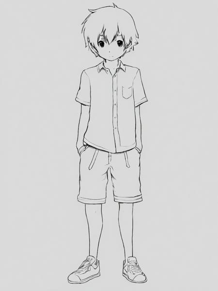 1boy, aogami, lineart, monochrome,full body,shirt,shorts, <lora:aogami_v12:1>