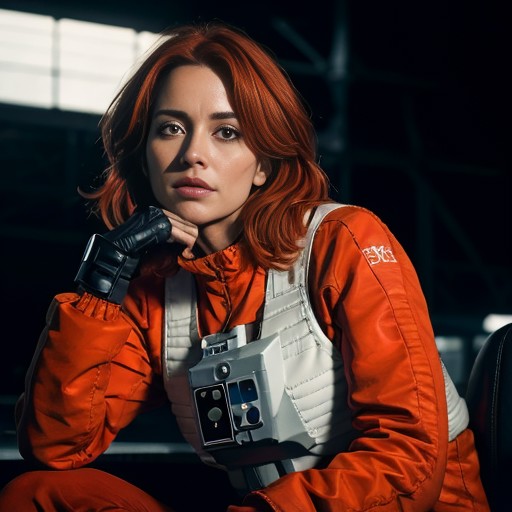 red haired woman sitting in rebel pilot suit<lora:rebelpilotsuit:1>,in airforce hangar, photorealistic, photo, masterpiece...