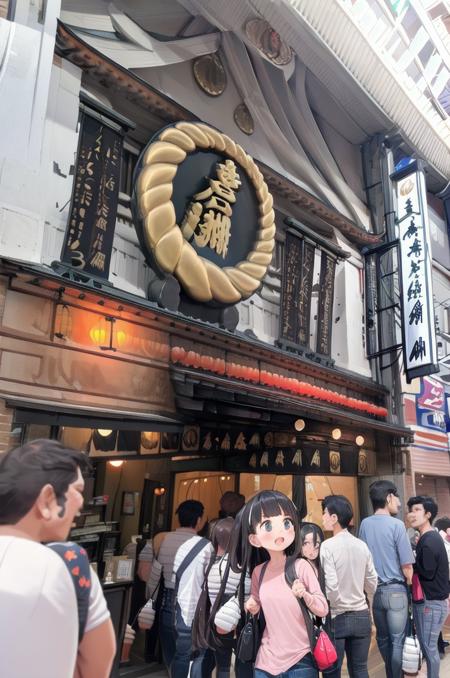 kiyasusouhonpo, storefront, architecture, multiple boys, multiple girls, bag, pants, paper lantern, east asian architecture, lantern, long hair, shirt, 6+boys, jeans, black hair, crowd, real world location, outdoors, building