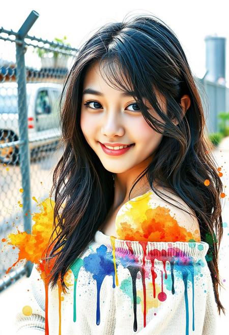 A vibrant and artistic watercolor illustration of a cool girl(A close-up, eye-level shot captures a young individual with long, dark, wavy hair, parted casually and framing a softly smiling face. Their head is tilted slightly, and their gaze is directed towards the viewer, creating an inviting and warm expression. The individual is wearing an off-the-shoulder top in a neutral, textured fabric, suggesting a comfortable and relaxed style. The natural light highlights their features, with a soft glow on their skin. In the blurred background, hints of an urban or industrial setting are visible, including what appears to be a chain-link fence and some sparse foliage, adding a subtle contrast to the subject's soft presence. The overall impression is one of gentle beauty and approachability in a casual outdoor environment.
), facing slightly to the left, rendered in an explosion of bright, splashy colors. Its black and white feathers are softly defined, blending seamlessly into washes of yellow, orange, blue, and teal, with dynamic paint drips extending downwards, suggesting movement and fluidity. Numerous colorful splatters and dots surround the creature, enhancing the joyful and abstract aesthetic. The overall impression is one of playful creativity, combining natural elements with a touch of contemporary flair in a visually striking, high-resolution digital painting with a clean white background.