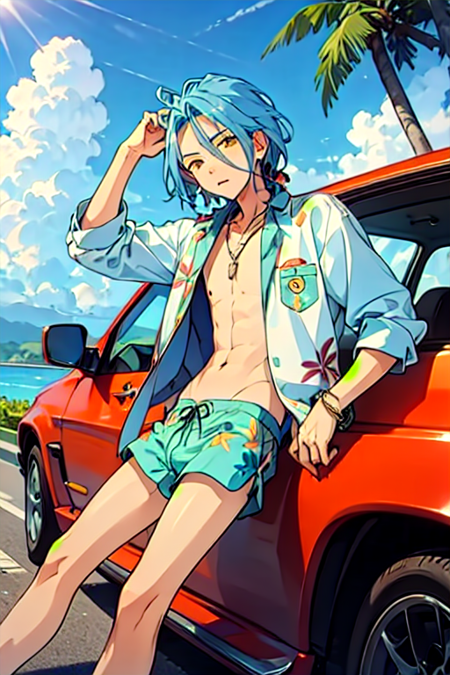 <lora:HiMERU-03:0.7> , himeru, solo, looking at viewer, shirt, 1boy, navel, jewelry, sitting, blue hair, yellow eyes, braid, male focus, outdoors, parted lips, open clothes, sky, shorts, day, cloud, necklace, bracelet, tree, blue sky, open shirt, sunglasses, ground vehicle, motor vehicle, blue shorts, sign, palm tree, car, male swimwear, road sign, swim trunks, hawaiian shirt