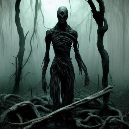 A human shape made up of shadow and mist, wrapped in ragged vines, driftwood sculpture, dark gloomy, glowing eyes, full body, swamp background