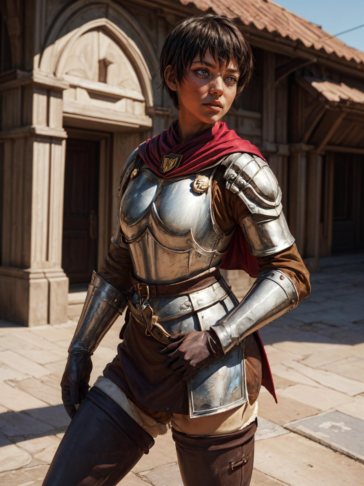 A woman wearing a metal armor costume and holding a sword.