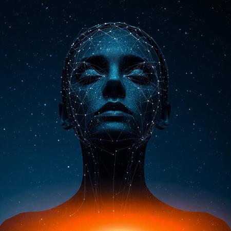The image is a digital art piece that appears to be a portrait of a woman's chest and face. The background is a dark blue night sky with many small white stars and nebulae scattered throughout. The person's head is covered in a network of lines and dots, creating a futuristic and abstract design. The lines are arranged in a way that creates a sense of depth and dimension, while the dots are scattered throughout the image.
A bright orange and yellow gradient glow is visible at the bottom.