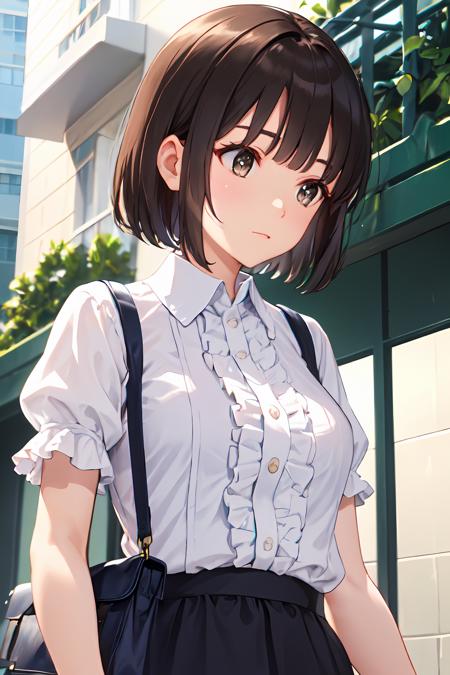 (masterpiece:1.6, best quality), (finely detailed beautiful eyes: 1.2),ph_katou, katouhdlong, 1girl, solo, shirt, brown eyes, bangs, brown hair, short hair, white shirt, short sleeves, bag, center frills, collared shirt, closed mouth, dress shirt, frills, black hair, puffy sleeves, shoulder bag, blunt bangs, looking down, handbag, puffy short sleeves
<lora:Katou_Megumi_FB_64:1>