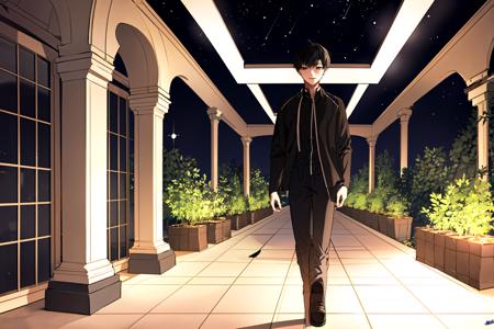 Euishin a boy with a suit and white tie walking in the night sky snare