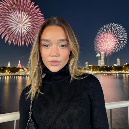 <lora:oliviaponton_sd15_512_128_64_v1:1>oliviaponton,1girl,looking at viewer, new years eve party fireworks in background, wearing a turtleneck sweater