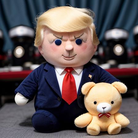 cinematic macro product shot, president donald trump man as a stuffed toy plushiestyle <lora:plushieStyle:.6>