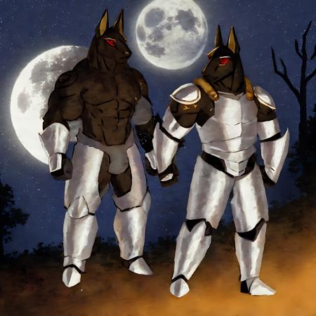 muscular, male, anubis, black body, soiral white tatoos on arms, demonic red eyes, silver leg armor, silver gaunlets, forest scene, night time, blue moon