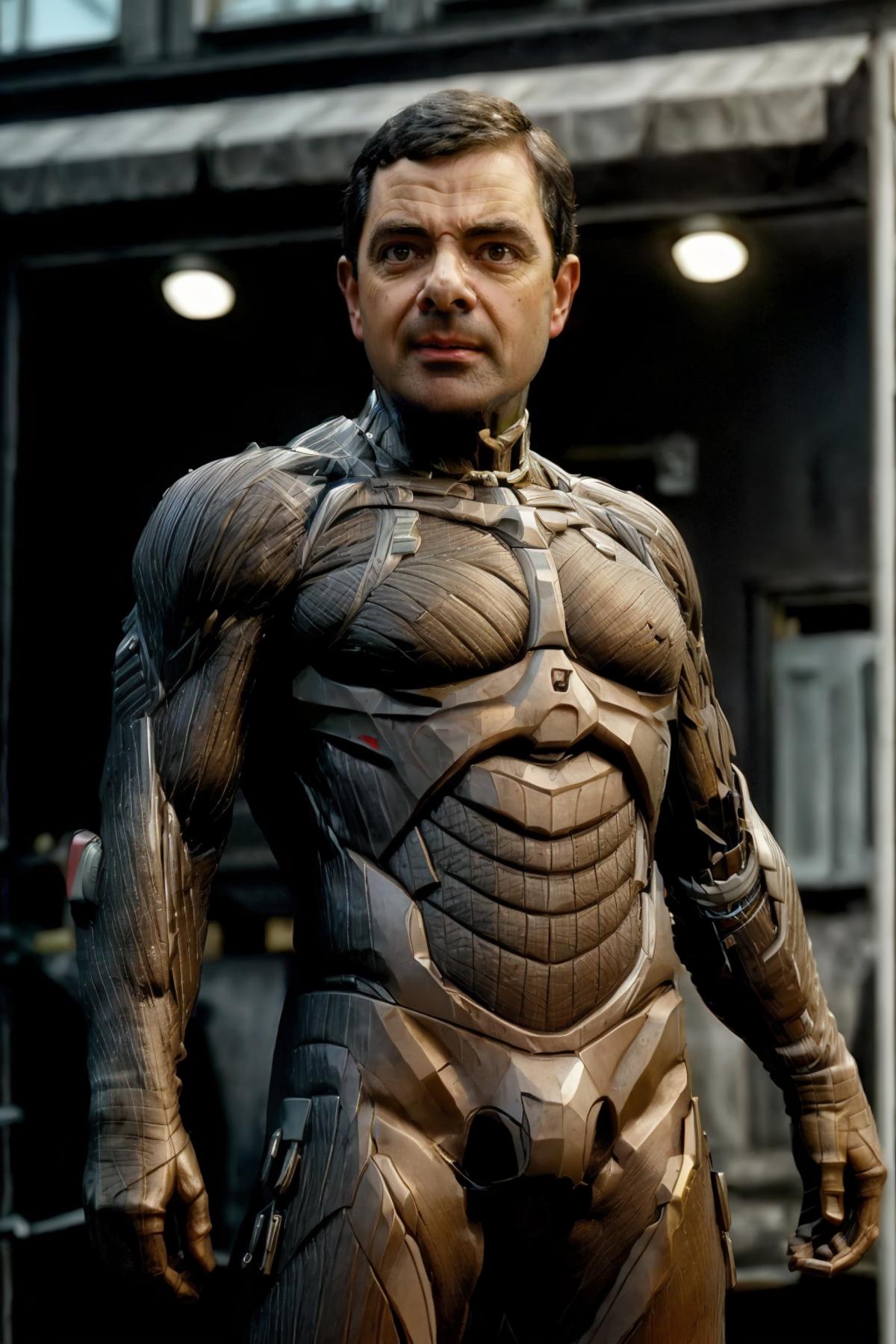 A man wearing a muscular armored suit with his arms crossed.